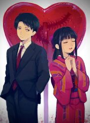 Rule 34 | 1boy, 1girl, absurdres, bags under eyes, black eyes, black hair, black suit, bug, candy, centipede, chromatic aberration, commentary, food, formal, gegege no kitarou, hair ribbon, hands in pockets, heart, heart-shaped lollipop, highres, interlocked fingers, japanese clothes, kimono, kitarou tanjou: gegege no nazo, lollipop, mizuki (gegege no kitarou), necktie, oversized object, own hands together, pink kimono, red necktie, ribbon, ryuuga sayo, scar, scar across eye, shaped lollipop, sidelocks, signature, suit, suittyo sama, sweatdrop, wide sleeves