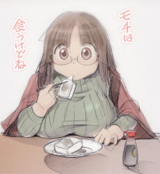 Rule 34 | 1girl, blanket, blunt bangs, breast rest, breasts, breasts on table, brown eyes, brown hair, chopsticks, commentary request, eating, food, glasses, kobayakawa horan, large breasts, long hair, mochi, nekokami, original, parted bangs, plump, ribbed sweater, sidelocks, sitting, solo, soy sauce, sweater, table, translation request, under covers