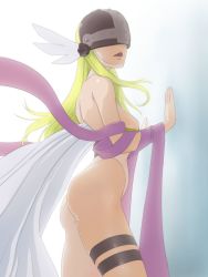 Rule 34 | 1girl, angel, angel wings, angewomon, ass, asymmetrical clothes, asymmetrical legwear, bare shoulders, blonde hair, blush, breasts, cleavage, covered face, digimon, digimon (creature), feathered helmet, feathers, female focus, helmet, high heels, highres, long hair, muramura hito, open mouth, wings