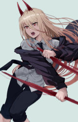 Rule 34 | + +, 1girl, black pants, blonde hair, chainsaw man, collared shirt, cross-shaped pupils, demon girl, demon horns, gcef3535, hair between eyes, horns, jacket, long hair, necktie, open mouth, pants, power (chainsaw man), red eyes, red horns, running, sharp teeth, shirt, sickle, simple background, solo, symbol-shaped pupils, teeth, white shirt
