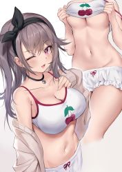 1girl, ;d, armpit crease, azur lane, bare shoulders, black choker, breasts, camisole, choker, cleavage, collarbone, commentary, crop top, frilled shorts, frills, grey hair, grey jacket, groin, highres, jacket, large breasts, lifted by self, long hair, looking at viewer, micro shorts, midriff, multiple views, navel, off shoulder, official alternate costume, one eye closed, one side up, open clothes, open jacket, open mouth, pamiat merkuria (azur lane), pamiat merkuria (sweet cherry memories) (azur lane), pdxen, purple eyes, shirt, shirt lift, short shorts, shorts, simple background, sleeveless, sleeveless shirt, smile, spaghetti strap, stomach, strap slip, symbol commentary, thighs, underboob, white background, white shirt, white shorts
