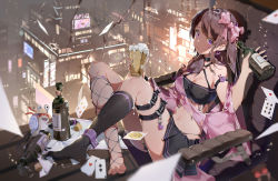 Rule 34 | 1girl, absurdres, asymmetrical legwear, bandeau, black bra, black skirt, black socks, bodhi wushushenghua, bottle, bra, brown hair, card, chinese commentary, city, commentary request, copyright request, cup, fishnet kneehighs, fishnets, full body, hand up, highres, holding, holding bottle, holding cup, kneehighs, long hair, looking at viewer, mismatched legwear, o-ring, o-ring top, playing card, pleated skirt, purple eyes, sitting, skirt, snail, socks, solo, thigh strap, underwear