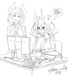 Rule 34 | 2girls, bouquet, breasts, cleavage, desk, eu03, flower, formal, gift, glasses, greyscale, hair up, horns, huge breasts, mole, mole under mouth, monitor, monochrome, multiple girls, office lady, original, semi-rimless eyewear, sitting, sketch, spoken squiggle, squiggle, suit, tsunoko, under-rim eyewear