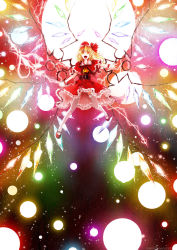 Rule 34 | 1girl, :d, alternate wings, ascot, belt, blonde hair, bow, crazy eyes, curly hair, danmaku, dress, electricity, energy ball, fangs, flandre scarlet, frilled dress, frills, full body, glowing, glowing weapon, glowing wings, hair bow, hat, highres, holding, laevatein, looking at viewer, mary janes, open hand, open mouth, orange eyes, outstretched arm, red dress, santa hat, shoes, side ponytail, smile, solo, thighhighs, touhou, venomousblaze, watermark, weapon, white thighhighs, wings
