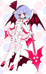 Rule 34 | 1girl, bat wings, blush stickers, bow, breasts, closed mouth, dotaku (wran8845), dress, dress bow, foot wings, hair bow, hexagon, high heels, jitome, looking at viewer, mecha musume, mechanical legs, mechanical wings, mechanization, pink dress, polearm, purple hair, red bow, red eyes, remilia scarlet, short hair, small breasts, smile, solo, spear, spear the gungnir, touhou, wavy hair, weapon, white background, wings
