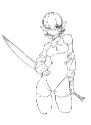 Rule 34 | 1girl, bare shoulders, breasts, collared leotard, cross print, detached sleeves, hair between eyes, hand on own hip, highres, holding, holding sword, holding weapon, jiangyou m, leotard, looking at viewer, monochrome, original, pantyhose, pointy ears, short hair, simple background, solo, sword, weapon