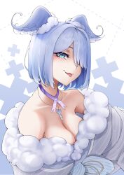 Rule 34 | 1girl, :p, bare shoulders, blue eyes, blue hair, blue wings, breasts, elira pendora, elira pendora (2nd costume), fur trim, grey kimono, hair over one eye, head wings, highres, japanese clothes, jewelry, key, key necklace, kimono, large breasts, maid, mole, mole on breast, neck ribbon, necklace, nijisanji, nijisanji en, no bra, obi, off shoulder, official alternate costume, one eye covered, ootoii, parted bangs, purple ribbon, ribbon, sash, short hair, smile, solo, tongue, tongue out, virtual youtuber, wa maid, wings