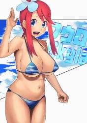 Rule 34 | 1girl, :d, alternate breast size, bikini, blue bikini, blue eyes, breasts, character name, clenched hand, commentary request, creatures (company), eyelashes, game freak, hair ornament, hand up, highres, navel, nintendo, one side up, open mouth, pink hair, pokemon, pokemon bw, short hair with long locks, sidelocks, skyla (pokemon), smile, solo, swimsuit, teeth, tongue, upper teeth only, xin lan deng