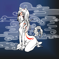 Rule 34 | 1girl, absurdres, amaterasu (ookami), animal ears, arched back, arm support, barefoot, blue eyes, bodypaint, braid, capcom, empty eyes, facial mark, flat chest, forehead mark, groin, highres, kintaro, long hair, multicolored hair, no nipples, nude, ookami (game), open mouth, personification, seiza, sitting, solo, tail, tattoo, two-tone hair, white hair, wolf, wolf ears, wolf tail