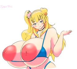 Rule 34 | 1girl, bikini, bikini top only, blonde hair, blue eyes, blush, breasts, breasts out, curvy, galko, gigantic breasts, highres, huge areolae, inverted nipples, iron-0xide, large areolae, long hair, looking at viewer, oshiete! galko-chan, smile, solo, swimsuit, upper body
