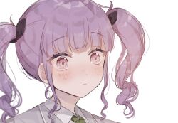 Rule 34 | 1girl, bang dream!, blazer, closed mouth, collared shirt, commentary request, dot nose, drill hair, expressionless, frown, green necktie, grey jacket, hair ornament, jacket, lapels, light blush, long hair, looking ahead, necktie, partial commentary, portrait, purple eyes, purple hair, shain, shirt, sidelocks, solo, twin drills, twintails, udagawa ako, upper body, white shirt