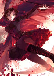 Rule 34 | 1girl, black footwear, black hair, boots, breasts, cross-laced footwear, dress, frilled skirt, frilled sleeves, frills, gothic lolita, highres, knee boots, lace-up boots, lolita fashion, pantyhose, petals, petticoat, rose petals, ruby rose, rwby, scythe, short hair, grey eyes, skirt, solo, soumare