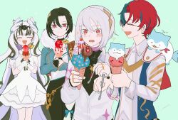 Rule 34 | 2boys, 2girls, :d, alear (fire emblem), alear (male) (fire emblem), androgynous, black hair, blue hair, brother and sister, choker, closed eyes, dress, eating, fire emblem, fire emblem engage, food, hair between eyes, hair ornament, holding, holding food, ice cream, jewelry, long hair, long sleeves, multicolored hair, multiple boys, multiple girls, nel (fire emblem), nil (fire emblem), nintendo, open mouth, red eyes, red hair, ribbon, sasaki (dkenpisss), short hair, siblings, simple background, smile, sommie (fire emblem), veyle (fire emblem), white hair