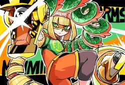 Rule 34 | 1girl, 3600gt, arms (game), blonde hair, domino mask, dragon (arms), fighting stance, green eyes, leg up, mask, min min (arms), ramram (arms), short hair, solo