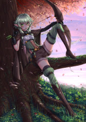 Rule 34 | 10s, 1girl, adsouto, arrow (projectile), artist name, asymmetrical sleeves, autumn leaves, black gloves, blush, boots, bow, breasts, cloak, commentary, day, elf, english commentary, gloves, goblin slayer!, green eyes, green hair, high elf archer (goblin slayer!), highres, holding, holding weapon, licking, licking weapon, long hair, looking at viewer, pointy ears, short hair with long locks, shorts, sitting, small breasts, solo, thighhighs, tree, uneven sleeves, weapon