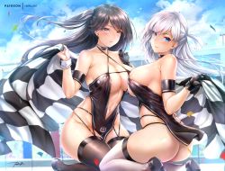 Rule 34 | 2girls, areola slip, arm strap, ass, azur lane, back, bare shoulders, black hair, black legwear, blue eyes, blue sky, blush, breasts, brown eyes, center opening, checkered flag, cleavage, collarbone, criss-cross halter, dress, flag, halter dress, halterneck, kneeling, large breasts, long hair, looking at viewer, multiple girls, one side up, race queen, rei kun, revealing clothes, shoukaku (azur lane), shoukaku (sororal wings) (azur lane), silver hair, sky, smile, thighhighs, thighs, white legwear, wrist cuffs, zuikaku (azur lane), zuikaku (the wind&#039;s true name) (azur lane)