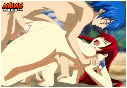 Rule 34 | 1boy, 1girl, barefoot, blue hair, breasts, erza scarlet, fairy tail, feet, holding hands, hetero, highres, interlocked fingers, jellal fernandes, moaning, nipples, nude, on ground, open mouth, outdoors, penis, pussy, red hair, sex, tattoo, toes, vaginal