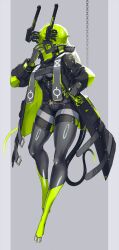 Rule 34 | 1girl, absurdres, black bodysuit, black skin, bodysuit, breasts, colored skin, colored tongue, covered navel, echanis enicha, green eyes, green tongue, grey background, hair over eyes, hand on own hip, highres, hooves, horns, long coat, mechanical horns, medium breasts, monster girl, open mouth, original, sharp teeth, short hair, solo, tail, teeth