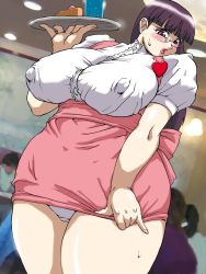 Rule 34 | 1girl, blush, breasts, glasses, hip focus, huge breasts, mature female, plump, purple eyes, purple hair, sweat, thick thighs, thighs, waitress, wide hips