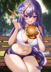Rule 34 | 1girl, alternate costume, bench, braid, breasts, burger, commentary, crossed bangs, eating, english commentary, flower, food, genshin impact, hair flower, hair ornament, highres, holding, holding food, large breasts, long hair, low-braided long hair, low-tied long hair, midriff, mole, mole under eye, nail polish, navel, open mouth, outdoors, purple eyes, purple flower, purple hair, purple nails, raiden shogun, short shorts, shorts, sitting, solo, sports bra, squchan, stomach, thighs, tree, very long hair, white sports bra