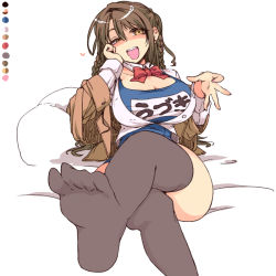 Rule 34 | 1girl, :d, alternate breast size, black thighhighs, blazer, bow, bowtie, braid, breasts, brown eyes, brown hair, cheek rest, cleavage, color guide, commentary, ear piercing, earrings, feet, foot focus, hand on own cheek, hand on own face, heart, idolmaster, idolmaster cinderella girls, jacket, jewelry, large breasts, long hair, long sleeves, looking at viewer, lying, name tag, no pants, off shoulder, on back, open mouth, partially unbuttoned, piercing, school swimsuit, school uniform, shimamura uzuki, sidelocks, smile, soles, solo, swimsuit, thighhighs, toes, toriga naku, unbuttoned, white background