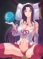 Rule 34 | 1girl, absurdres, artist request, bare shoulders, black hair, blush, breasts, chest tattoo, cleavage, collarbone, facial mark, fate/extra, fate/extra ccc, fate (series), forehead, forehead mark, globe, highres, horns, large breasts, leaning back, long sleeves, looking at viewer, navel, panties, parted lips, pink panties, pink thighhighs, revealing clothes, sessyoin kiara, smile, spread legs, squatting, tattoo, thighhighs, thighs, underwear, veil, wavy hair, yellow eyes