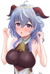 Rule 34 | 1girl, ahoge, bare arms, bare shoulders, bell, blue hair, blush, breasts, flower, gahara, ganyu (genshin impact), genshin impact, gold trim, hair flower, hair ornament, highres, horns, large breasts, long hair, looking up, neck bell, no gloves, open mouth, sideboob, sidelocks, sleeveless, solo, upper body, white flower