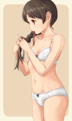 Rule 34 | 1girl, bad id, bad pixiv id, bare arms, bare shoulders, black bow, blush, bow, bow bra, bow panties, bra, braid, braiding hair, breasts, brown background, brown eyes, brown hair, cleavage, collarbone, cowboy shot, hair over shoulder, hairdressing, kantai collection, long hair, makio (makiomeigenbot), mouth hold, navel, panties, parted bangs, ribbon-trimmed bra, ribbon-trimmed panties, single braid, small breasts, solo, standing, stomach, tareme, underwear, underwear only, uranami (kancolle), white bra, white panties