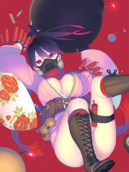 Rule 34 | 1girl, belt, black hair, bomb, boots, breasts, cleavage, dynamite, enkyo yuuichirou, explosive, gas mask, highres, japanese clothes, kimono, knee boots, large breasts, long hair, mask, multicolored hair, original, pink hair, ponytail, red background, red eyes, scarf, simple background, solo, thigh strap, two-tone hair, utility belt, wide sleeves