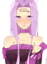 Rule 34 | 1girl, artist request, bad id, bad twitter id, bare shoulders, black dress, blush, collar, dress, facial mark, fate/stay night, fate (series), forehead mark, highres, medusa (fate), medusa (rider) (fate), purple eyes, purple hair, simple background, solo, square pupils, twitter username
