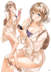 Rule 34 | 1girl, :d, :o, backpack, bag, bare legs, beige jacket, beige shorts, blue eyes, blush, breasts, brown hair, cellphone, cleavage, collarbone, food, full body, highres, holding, holding phone, ice cream, jacket, jewelry, koji (kojikojimdw), large breasts, looking at viewer, multiple views, nail polish, necklace, open mouth, original, phone, shorts, sidelocks, signature, simple background, sitting, smartphone, smile, toeless footwear, toenail polish, toenails, watch, white background, wide sleeves