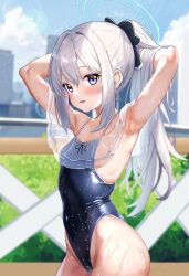 Rule 34 | 1girl, armpits, black bow, blue archive, blue eyes, blue halo, blue one-piece swimsuit, blurry, blurry background, blush, bow, breasts, commentary request, day, dongchuan, frilled one-piece swimsuit, frills, grey hair, hair between eyes, hair bow, halo, hands in hair, highleg, highleg swimsuit, highres, lens flare, long hair, looking at viewer, miyako (blue archive), miyako (swimsuit) (blue archive), official alternate costume, one-piece swimsuit, outdoors, parted lips, ponytail, sidelocks, small breasts, smile, solo, swimsuit, water drop, wet, wet clothes, wet swimsuit