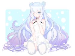 Rule 34 | + +, 1girl, azur lane, bare arms, bare shoulders, between legs, blue eyes, blue hair, blush, breasts, choker, closed mouth, collarbone, criss-cross halter, double bun, dress, finger to mouth, frilled dress, frills, full body, gradient hair, hair between eyes, hair bun, hair ornament, halter dress, halterneck, hand between legs, hand to own mouth, hand up, highres, le malin (azur lane), le malin (sleepy sunday) (azur lane), long hair, looking at viewer, multicolored hair, nephthys2356, no shoes, one eye closed, pantyhose, purple hair, seiza, short dress, sidelocks, simple background, sitting, sleeveless, sleeveless dress, small breasts, solo, symbol-shaped pupils, tagme, very long hair, wariza, wavy hair, white background, white dress, white hair, white pantyhose, wrist cuffs