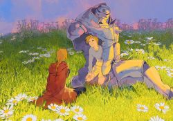 Rule 34 | 2boys, :d, ^ ^, ahoge, alphonse elric, amputee, arm at side, arm support, armor, black pants, blonde hair, blue sky, braid, broken, brothers, clenched teeth, closed eyes, coat, collared shirt, commentary request, daisy, edward elric, facing away, facing viewer, field, fingernails, flamel symbol, flower, flower field, full armor, fullmetal alchemist, gradient sky, grass, grey sweater, hand on own knee, happy, highres, hood, hood down, hooded coat, male focus, messy hair, multiple boys, open mouth, outdoors, pants, parted lips, pink sky, plant, purple sky, red coat, red sky, seiza, shirt, shorts, siblings, sitting, sky, smile, sun, sunlight, sunset, sweater, teeth, time paradox, white flower, wide shot, ye (ran chiiipye)
