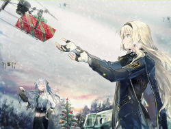 Rule 34 | 2girls, ak-12 (girls&#039; frontline), an-94, an-94 (girls&#039; frontline), assault rifle, blonde hair, blue eyes, box, braid, cape, christmas ornaments, christmas tree, closed mouth, commentary request, fingerless gloves, french braid, gift, gift box, girls&#039; frontline, gloves, gun, hairband, holding, jacket, long hair, long sleeves, multiple girls, ribbon, rifle, robot, scenery, sidelocks, silver hair, smile, snow, very long hair, weapon, wss (32656138)