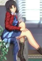 Rule 34 | 1girl, black hair, blue kimono, blurry, boots, brown eyes, brown footwear, closed mouth, commentary, cross-laced footwear, depth of field, fur-trimmed jacket, fur trim, hand on own knee, highres, iro (sekaixiro), jacket, japanese clothes, kara no kyoukai, kimono, knee boots, lace-up boots, legs, light smile, long sleeves, looking at viewer, medium hair, red jacket, ryougi shiki, shoes, short hair, sitting, smile, solo, type-moon