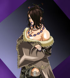 Rule 34 | 00s, 1girl, bare shoulders, belt, black hair, black thighhighs, breasts, cleavage, crossed arms, dress, earrings, eyeshadow, female focus, final fantasy, final fantasy x, gradient background, hair bun, hair ornament, hair over one eye, jewelry, large breasts, lipstick, lulu (ff10), makeup, nail polish, necklace, red eyes, ring, seed01010, single hair bun, solo, square enix, thighhighs