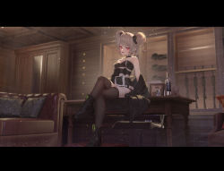 Rule 34 | 1girl, :d, armchair, bare shoulders, black thighhighs, blonde hair, blush, bottle, breasts, bullpup, chair, choker, cirilla lin, commission, couch, crossed legs, cup, desk, double bun, drinking glass, girls&#039; frontline, gun, hair bun, highres, indoors, jacket, letterboxed, looking at viewer, off shoulder, open mouth, p90 (girls&#039; frontline), pixiv commission, purple eyes, sitting, smile, solo, thighhighs, weapon