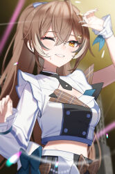 Rule 34 | 1girl, ahoge, aotake iro, arm up, asymmetrical sleeves, black skirt, brown eyes, brown hair, buttons, cleavage cutout, clothing cutout, crop top, double-breasted, grin, hair ornament, hair ribbon, hairclip, highres, hololive, hololive english, hololive idol uniform, hololive idol uniform (bright), lens flare, long hair, multicolored hair, nanashi mumei, official alternate costume, one eye closed, plaid, plaid skirt, pleated skirt, ponytail, ribbon, skirt, smile, stage, stage lights, streaked hair, sweat, uneven sleeves, very long hair, virtual youtuber