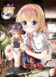 Rule 34 | &gt;:(, 1girl, adjusting another&#039;s clothes, adjusting clothes, adjusting panties, alice margatroid, art brush, blonde hair, blue eyes, blush, bow, braid, capelet, character doll, clothes pull, doll joints, frown, hair bow, hairband, hat, highres, indoors, joints, kirisame marisa, long hair, measurements, paintbrush, panties, pencil, ruler, ruu (tksymkw), short hair, single braid, skirt, skirt pull, solo, striped clothes, striped panties, touhou, underwear, v-shaped eyebrows, wedgie, witch hat