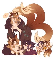 Rule 34 | 2boys, animal ears, artist name, black hair, blush, bombyoon, brown eyes, brown hair, brown kimono, chibi, claws, closed mouth, colored extremities, colored sclera, eyeliner, feet out of frame, flipped hair, fox boy, fox ears, fox tail, fur trim, green eyes, hand on another&#039;s chin, hands up, head rest, heart, highres, japanese clothes, kimono, kitsune, leaning forward, long hair, long sleeves, looking at another, looking at viewer, makeup, male focus, multiple boys, multiple tails, multiple views, original, red eyeliner, short hair, simple background, smile, speech bubble, spoken heart, standing, tail, white background, wide sleeves, yaoi, yellow sclera