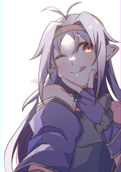 Rule 34 | 1girl, :p, absurdres, ahoge, blush, fingerless gloves, gloves, hairband, highres, light blush, long hair, neosight, pointy ears, purple gloves, purple hair, red eyes, red hairband, selfie, smile, solo, sword art online, tongue, tongue out, twitter username, white background, yuuki (sao)