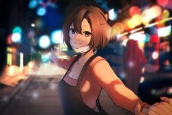 Rule 34 | 1girl, blurry, brown hair, depth of field, foreshortening, holding hands, kaito (vocaloid), mask, master (vocaloid), meiko (vocaloid), mouth mask, night, out of frame, outdoors, pointing, short hair, smile, solo focus, vocaloid, yen-mi