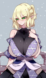 1girl alternate_breast_size black_shirt black_skirt blonde_hair blush breasts brown_shirt closed_mouth commentary cowboy_shot frown green_eyes grey_background hair_between_eyes half_up_braid highres huge_breasts long_bangs looking_to_the_side mizuhashi_parsee off_shoulder railing raptor7 sash shirt short_hair short_ponytail short_sleeves skirt snowing solo symbol-only_commentary touhou undershirt v-shaped_eyebrows white_sash