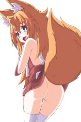 Rule 34 | 1girl, absurdres, animal ear fluff, animal ears, ass, blue eyes, fang, female focus, fox ears, fox tail, from behind, hair ornament, highres, looking back, niwaka potato, no panties, open mouth, original, red skirt, simple background, skirt, solo, tail, thighhighs, white background, white thighhighs, x hair ornament