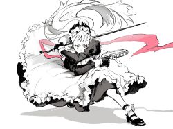 Rule 34 | 1girl, apron, arknights, aw0lowa, fighting stance, floating hair, gloves, greyscale, gun, handgun, high ponytail, highres, holding, holding gun, holding sword, holding weapon, irene (arknights), irene (voyage of feathers) (arknights), juliet sleeves, long hair, long sleeves, maid, maid headdress, monochrome, pink eyes, puffy sleeves, shoes, socks, solo, spot color, sword, very long hair, weapon