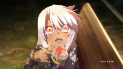 Rule 34 | 1girl, blush, child, chloe von einzbern, dark-skinned female, dark skin, fate/kaleid liner prisma illya, fate (series), female focus, floral print, food, highres, holding, holding spoon, japanese clothes, kimono, long hair, looking at viewer, mixed eye color, official art, open mouth, perfection, pink hair, print kimono, shaved ice, smile, solo, spoon, yukata
