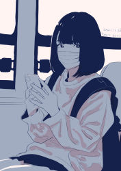 Rule 34 | 1girl, absurdres, backpack, bag, bob cut, cellphone, dated, highres, holding, holding phone, long sleeves, looking at viewer, mask, mouth mask, original, phone, signature, sitting, smartphone, solo, sweater, yukiyoshi mamizu