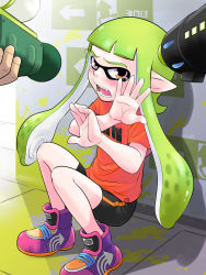 Rule 34 | 1girl, against wall, bike shorts, covering face, crying, crying with eyes open, ctrl-z, eyebrows, fangs, flat chest, full body, green hair, gun to head, hands up, highres, inkling, inkling girl, inkling player character, long hair, monster girl, nintendo, orange eyes, pointy ears, shirt, shoes, short hair with long locks, shorts, sidelocks, sneakers, solo focus, splatoon (series), splatoon 1, super soaker, t-shirt, tears, tentacle hair, tentacles, twintails