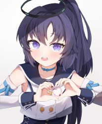 Rule 34 | 1girl, absurdres, blue archive, hair between eyes, halo, heart, heart hands, highres, idol, idol clothes, mischievous straight uniform (blue archive), nonddu, open mouth, ponytail, purple eyes, purple hair, shadow, simple background, smile, teeth, white background, yuuka (blue archive)